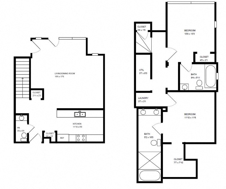 Floor plan for 2 beds, 2.5 baths, 1109 sqft